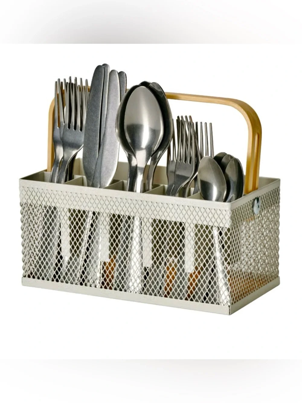 20 piece Cutlery and Metal Mesh Caddy with Bamboo Handle - White